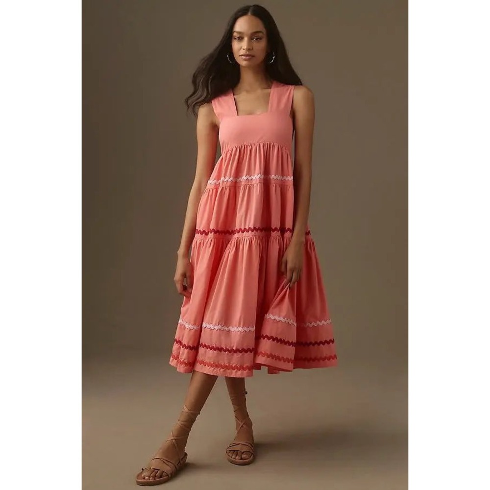 Anthropologie Rickrack Tiered Midi Dress Coral Pink XL New With Tags